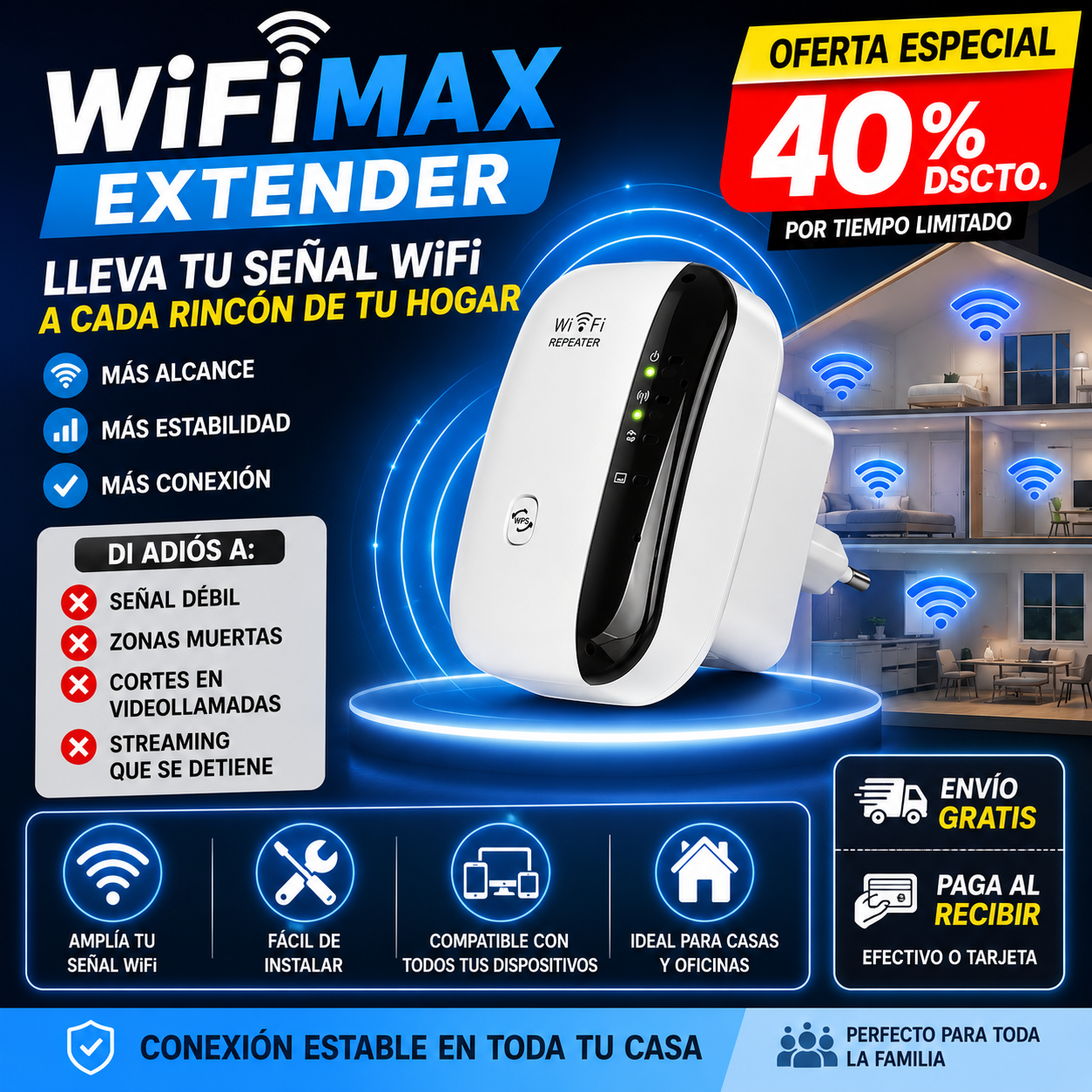 WiFiMax Extender™ | Repetidor de Señal WiFi para Todo tu Hogar – 40% OFF