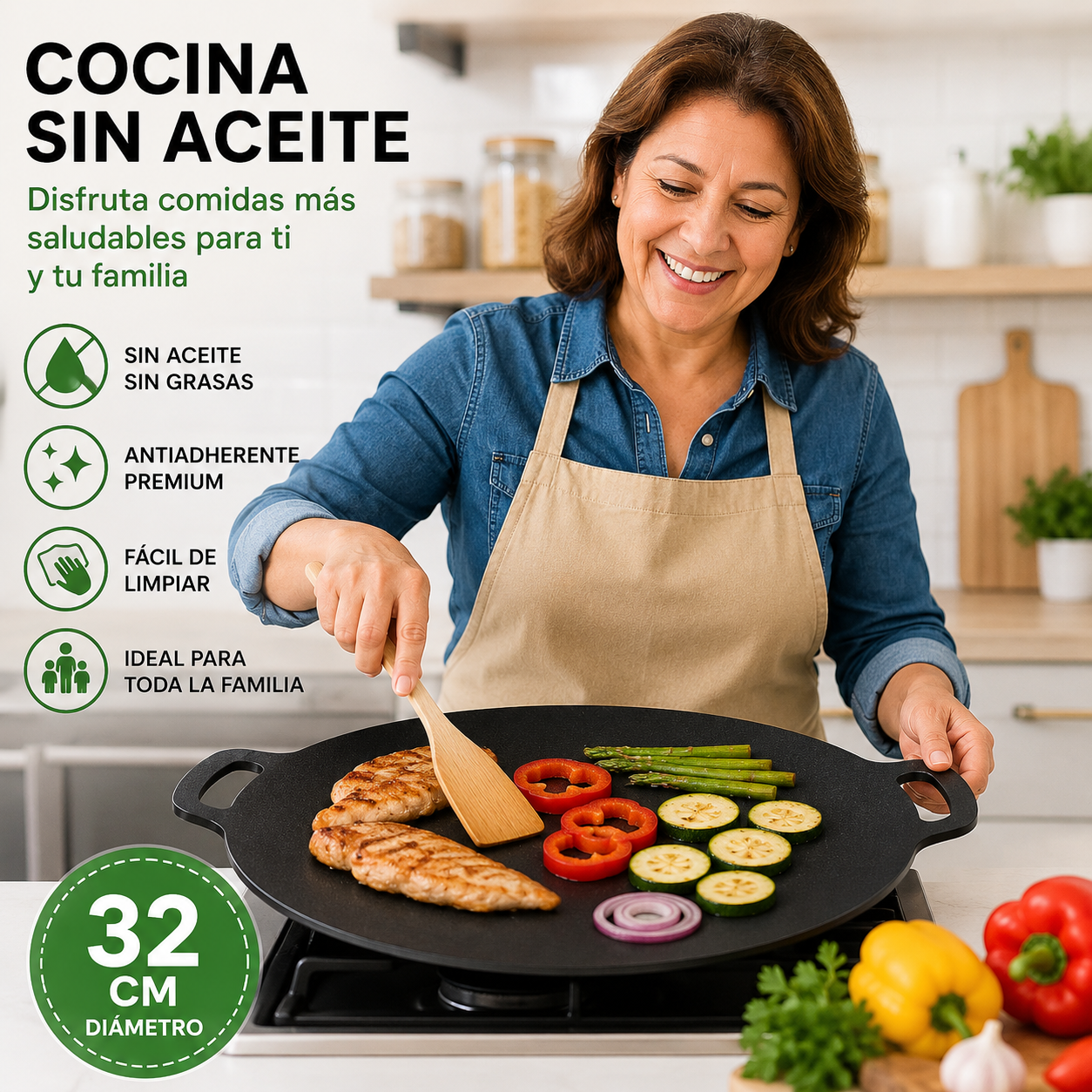🔥 Plancha Budare Antiadherente 32 cm 🥩🥦 – Cocina sano, sin aceite y en minutos