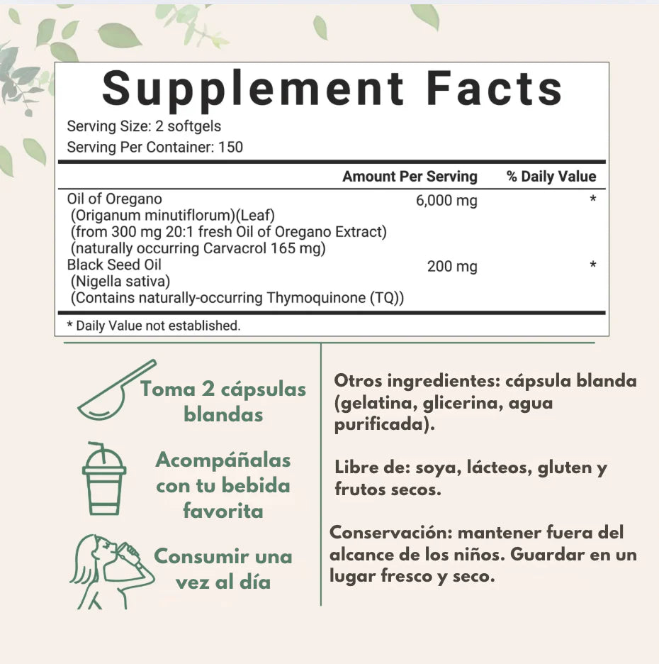 🌿 Aceite De Orégano 6000 Mg 60 capsulas - Bienestar General Natural