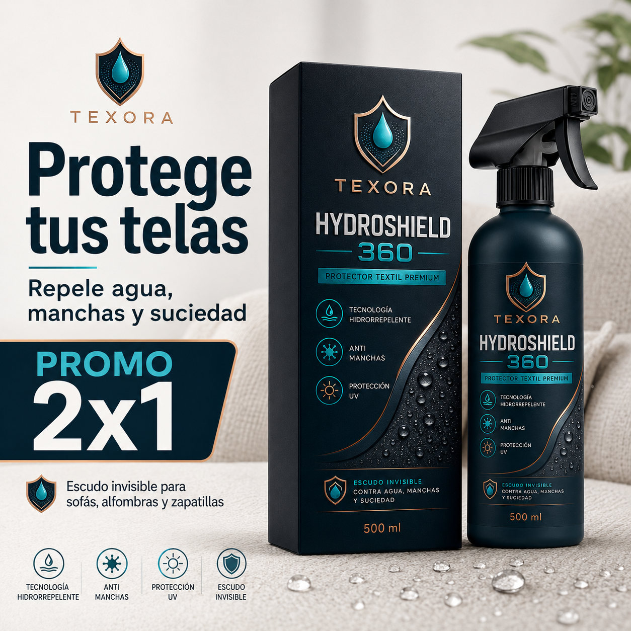 Texora HYDROSHIELD 360™ - Barrera hidrorrepelente para telas (Promoción 2x1)