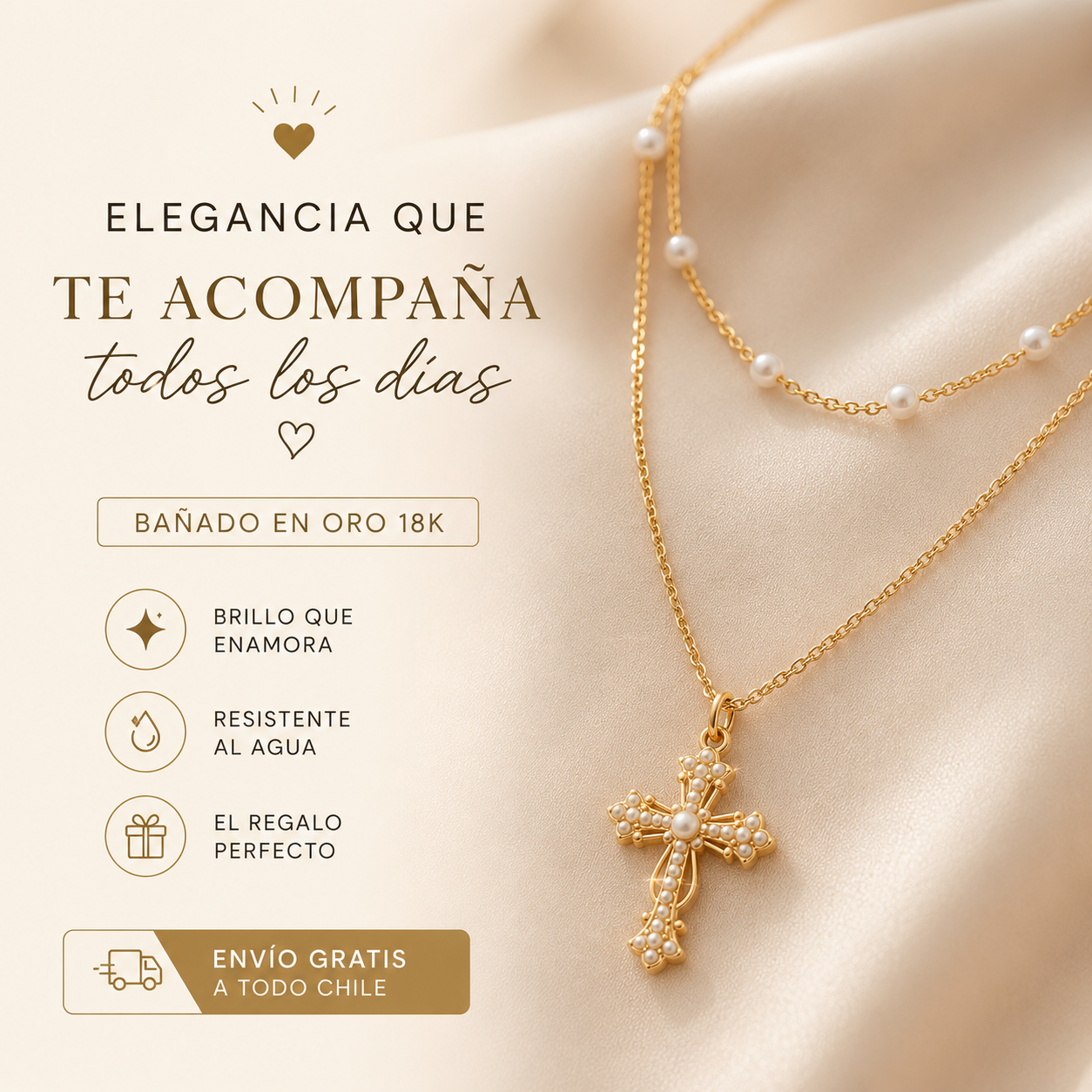 Collar de Perlas y Cruz Bañado en oro (Promoción 2x1) - Tu fe contigo día a día