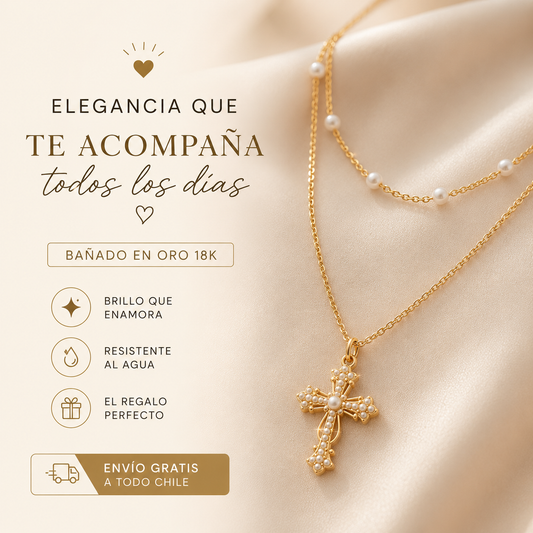 Collar de Perlas y Cruz Bañado en oro (Promoción 2x1) - Tu fe contigo día a día