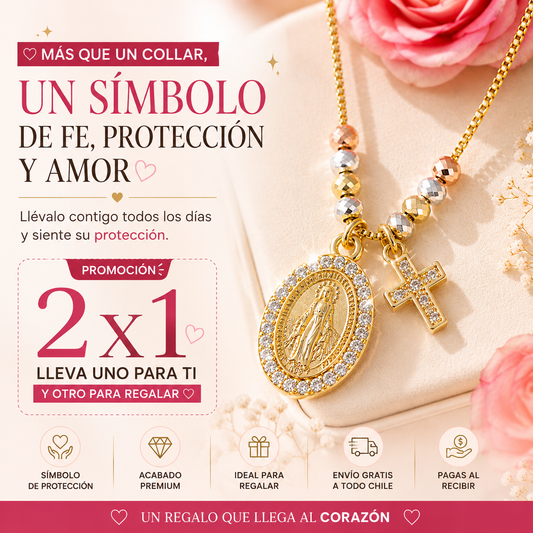 Conjunto Virgen María y Cruz con Brillantes Bañado en oro (Promoción 2x1) - Fe y protección