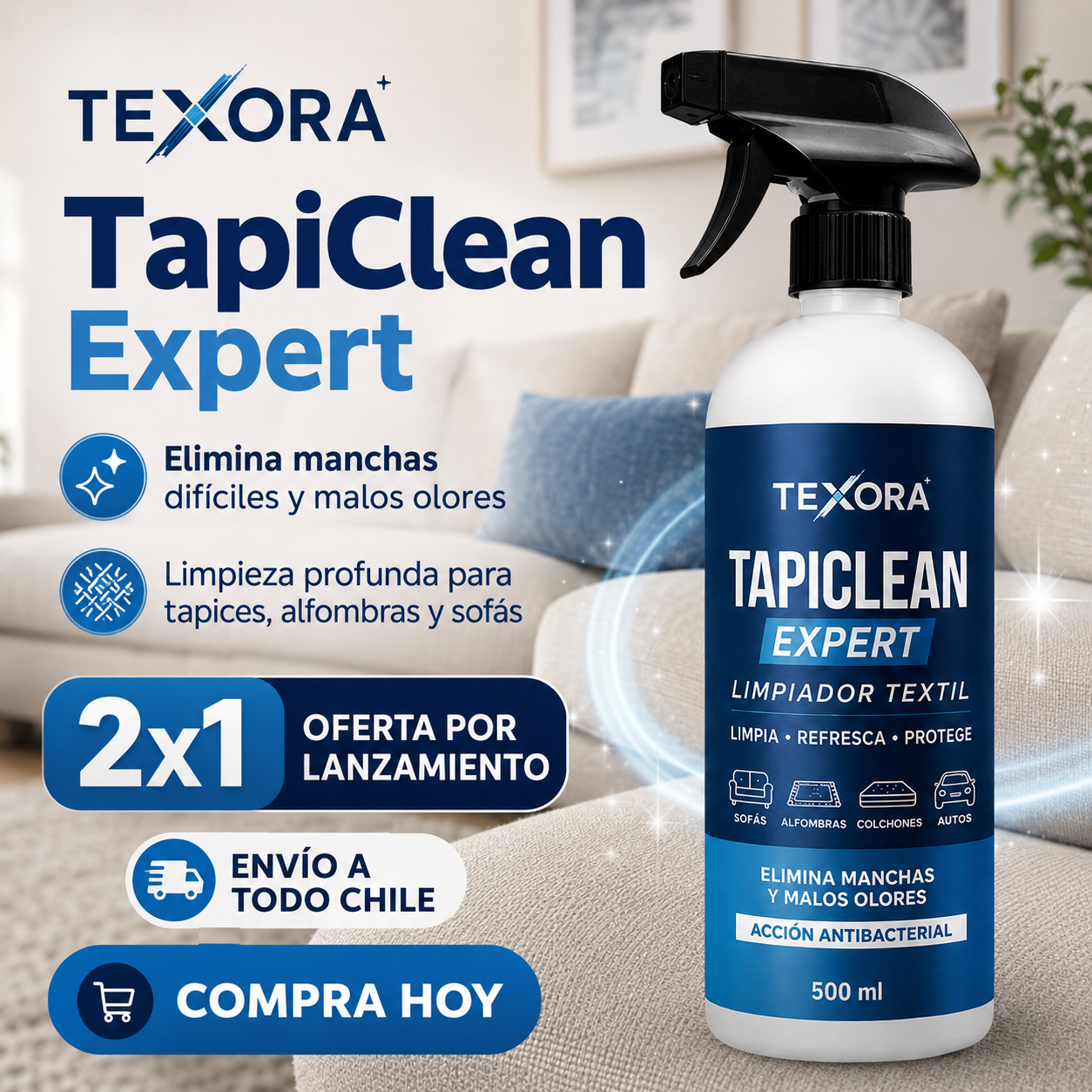 TEXORA TapiClean Expert™ 2x1 – Limpiador Textil para Sofás, Alfombras y Tapices