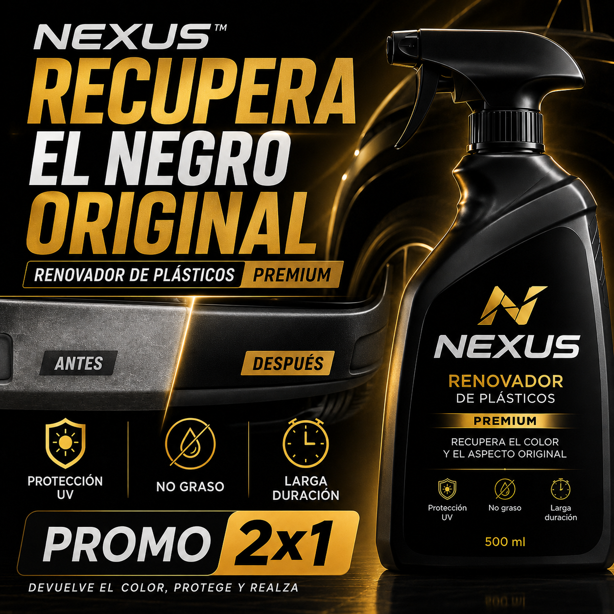 NEXUS™ Renovador Premium de Plásticos 500 ml | Recupera el Negro Original | Promo 2x1