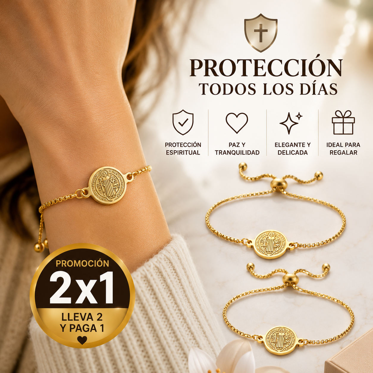 Pulsera de San Benito Bañada en Oro (Promoción 2x1) - Protección todos los días