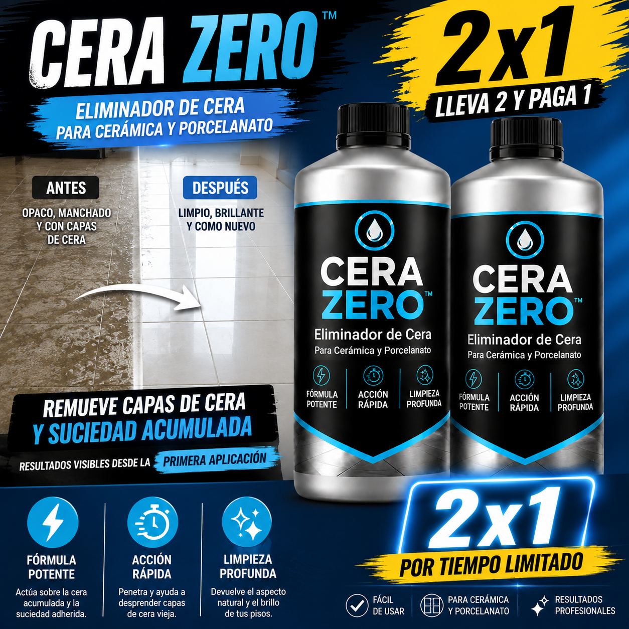 CERA ZERO™ | Eliminador de Cera para Cerámica y Porcelanato | Promoción 2x1