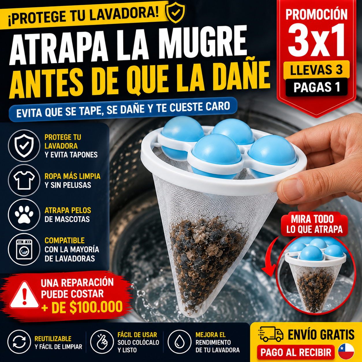 Filtro atrapa mugre y pelusas (Promoción 3x1) - Tu lavadora limpia y segura