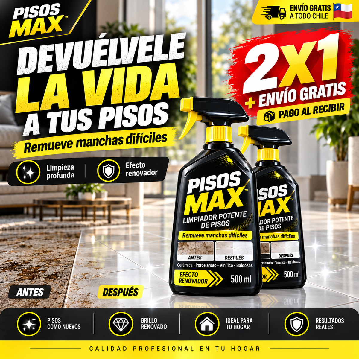 PISOS MAX™ – Limpiador Potente de Pisos con Efecto Renovador | 2x1 + Envío Gratis