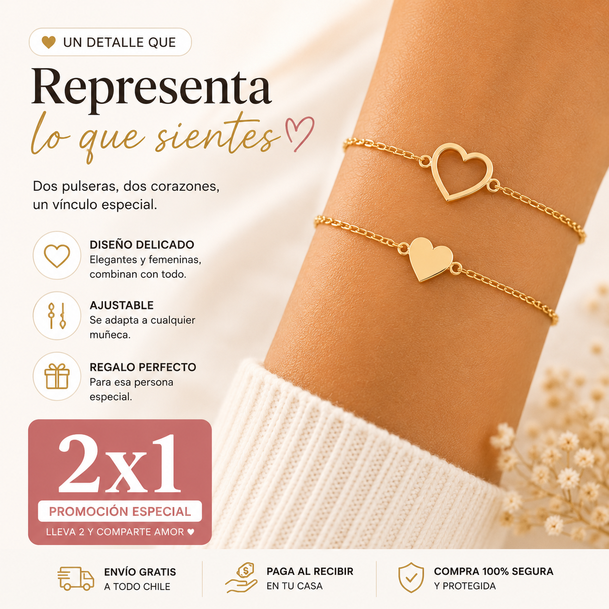 Pulsera de corazones bañada en oro (Promoción 2x1) - Un símbolo de amor y amistad