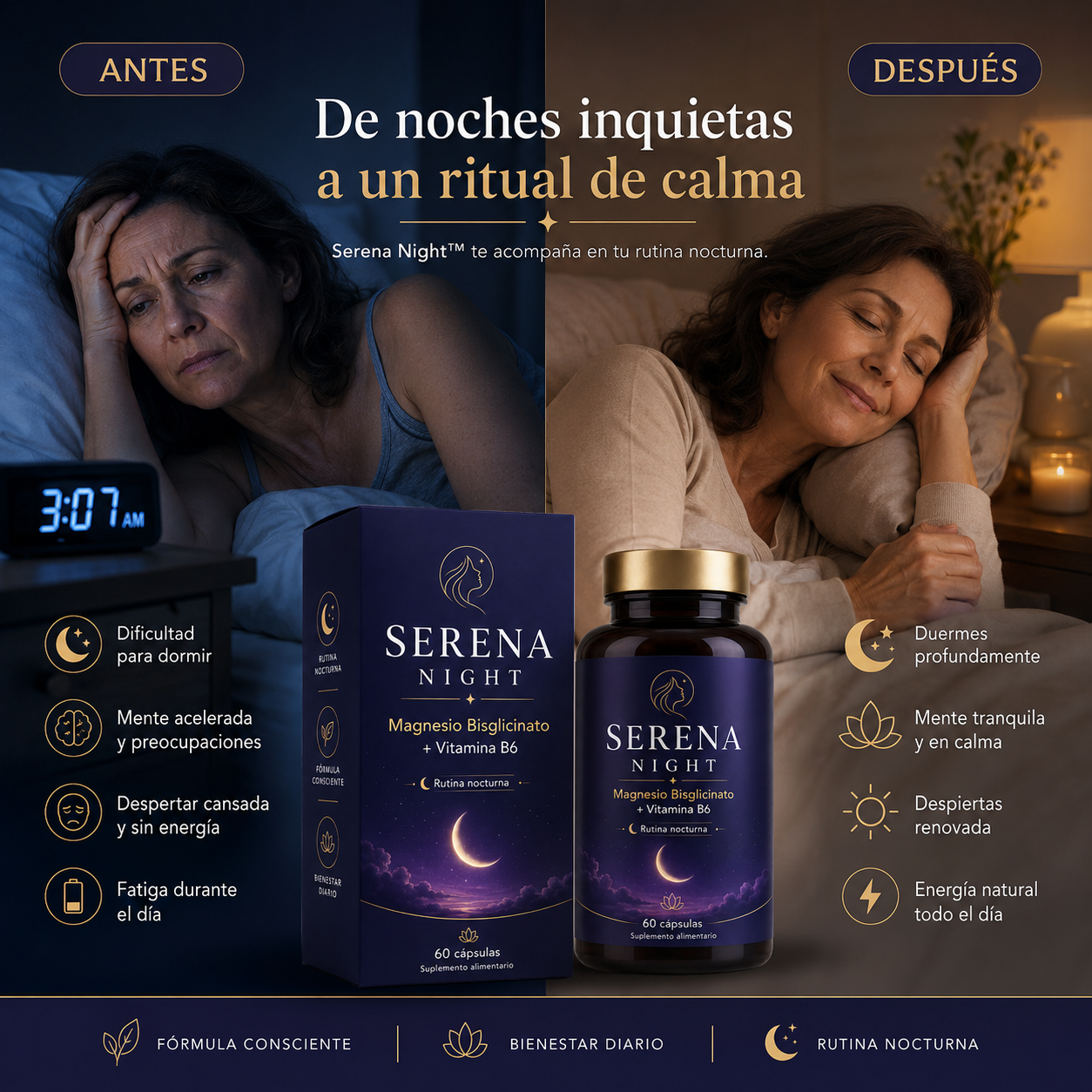 Serena Night™ – Magnesio Bisglicinato + Vitamina B6 | Rutina Nocturna