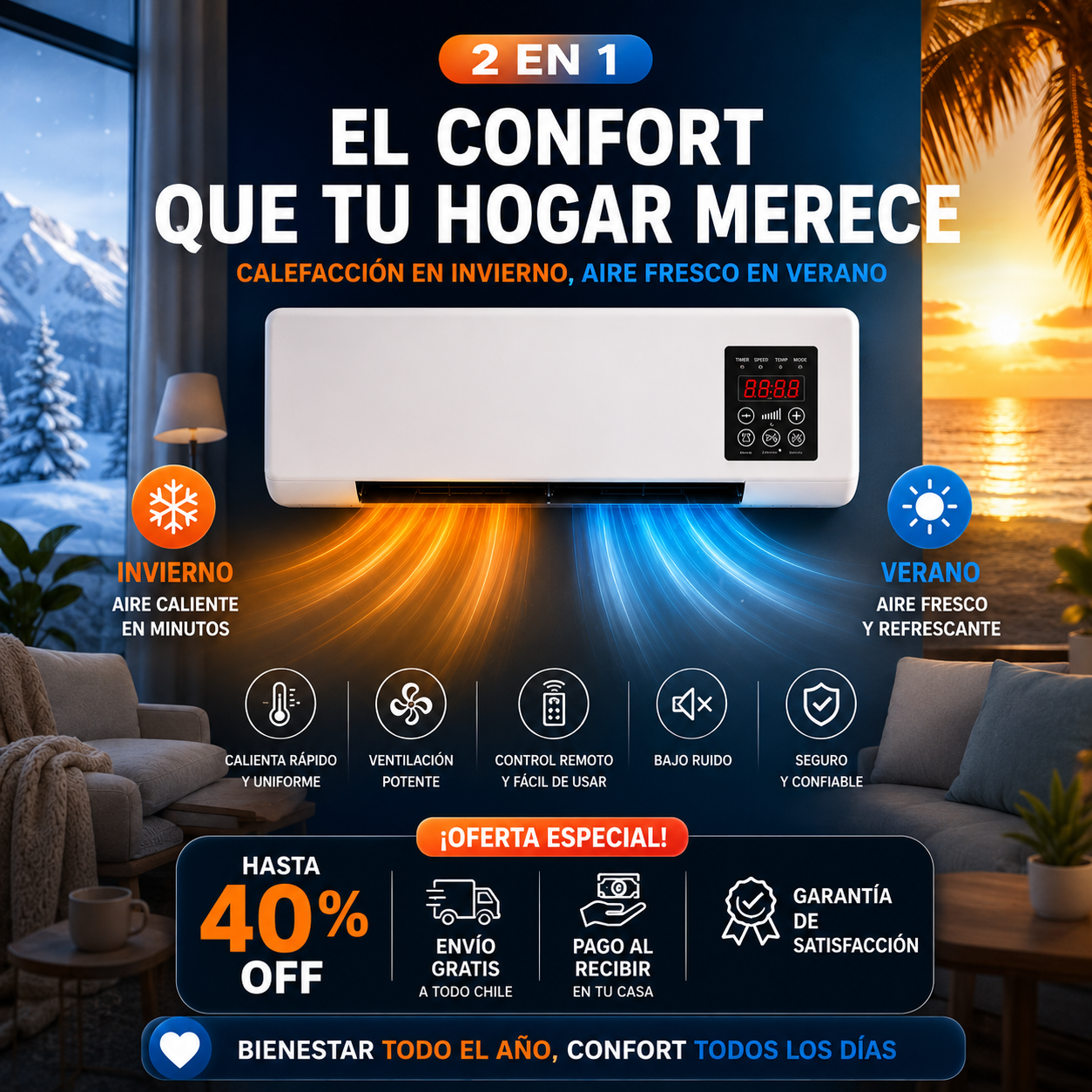 🌬️ Aire acondicionado 2 en 1 — Calienta en invierno y enfría en verano