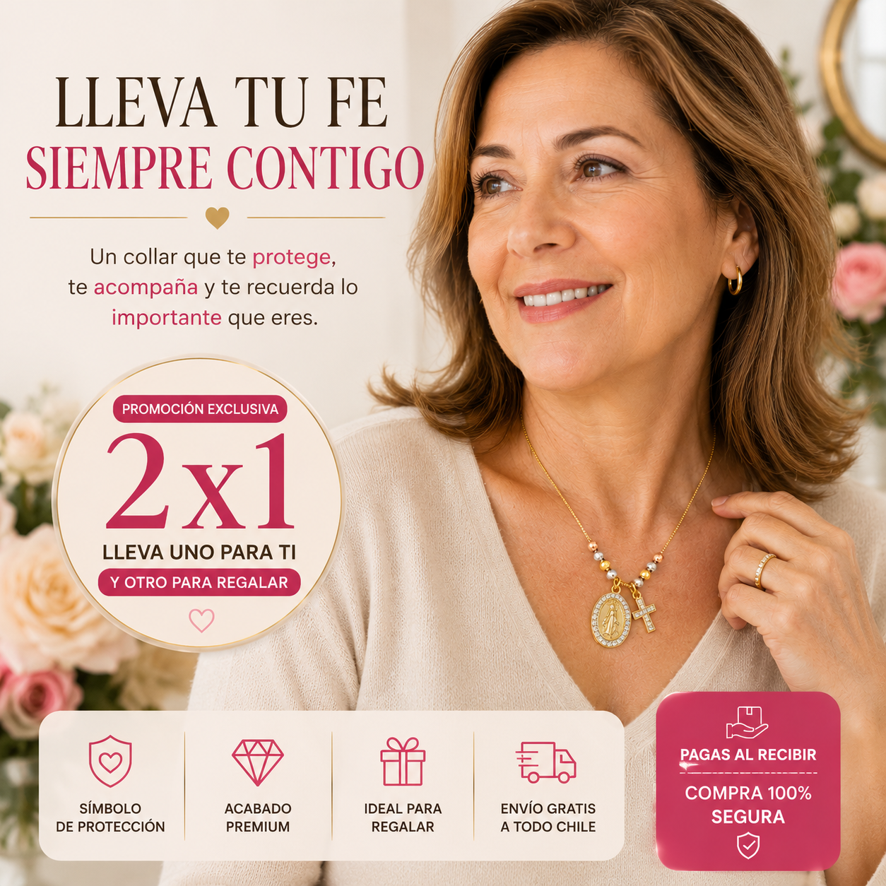 Conjunto Virgen María y Cruz con Brillantes Bañado en oro (Promoción 2x1) - Fe y protección