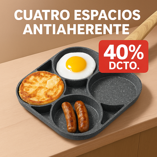 🍳Sartén Antiadherente 4 Espacios – Cocina más rápido y sin ensuciar de más