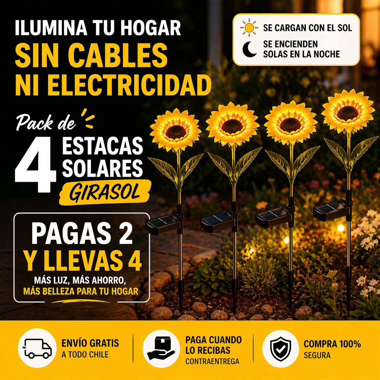 🌻 Pack 4 Estacas Solares Girasol – Ilumina tu jardín sin cables ni electricidad