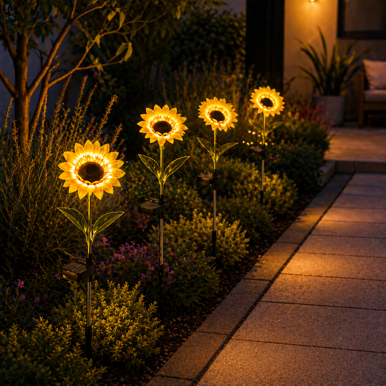 🌻 Pack 4 Estacas Solares Girasol – Ilumina tu jardín sin cables ni electricidad