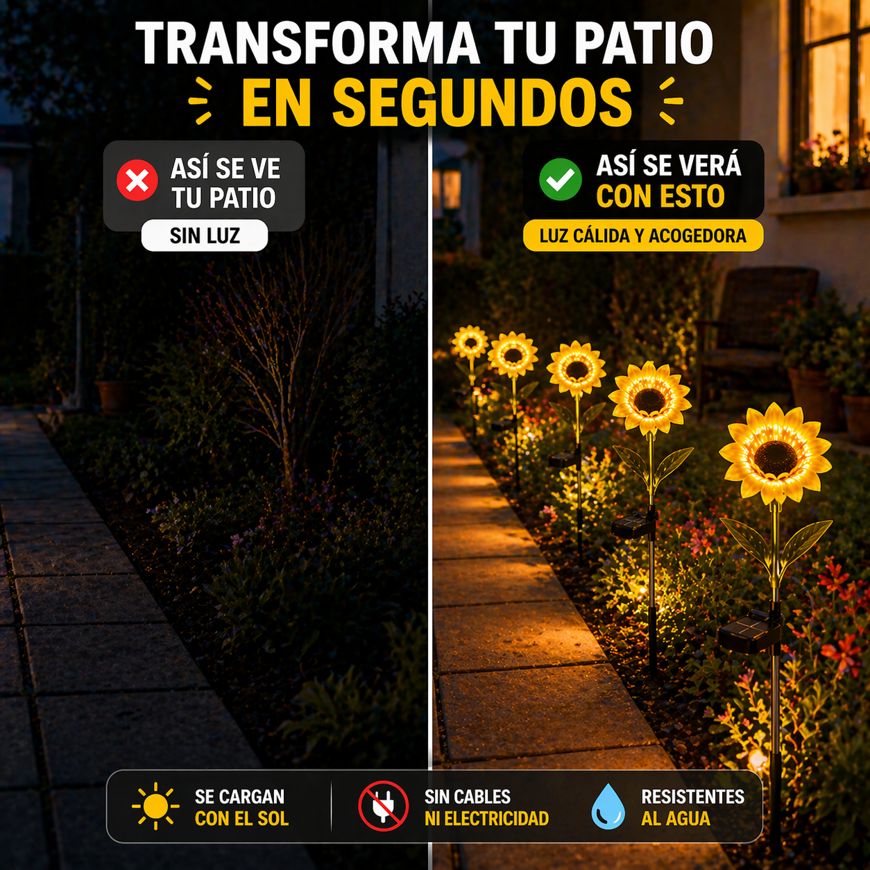 🌻 Pack 4 Estacas Solares Girasol – Ilumina tu jardín sin cables ni electricidad