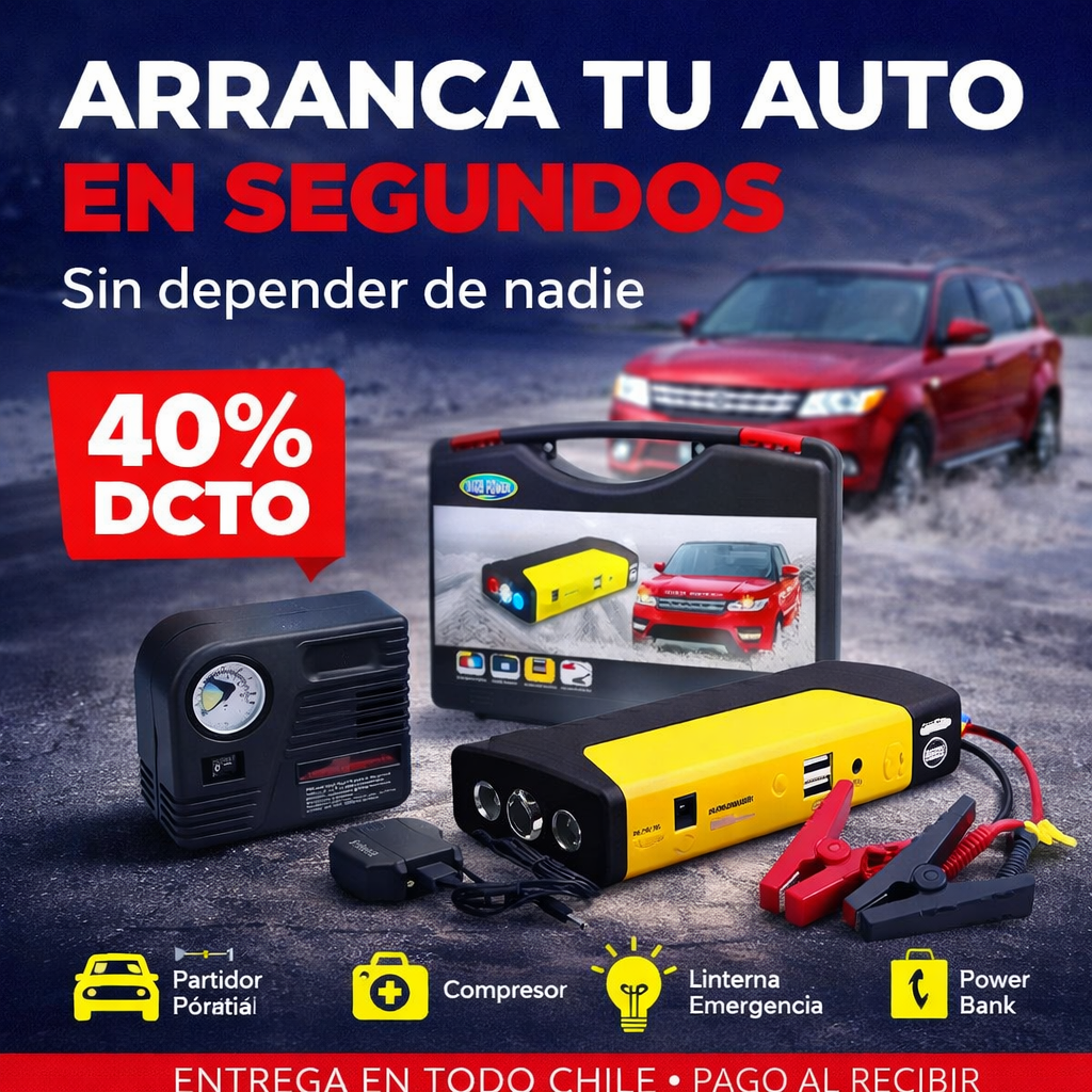 🚗 PARTIDOR DE BATERÍA PORTÁTIL 4 EN 1 🔋 - Arranca tu auto en segundos sin depender de nadie