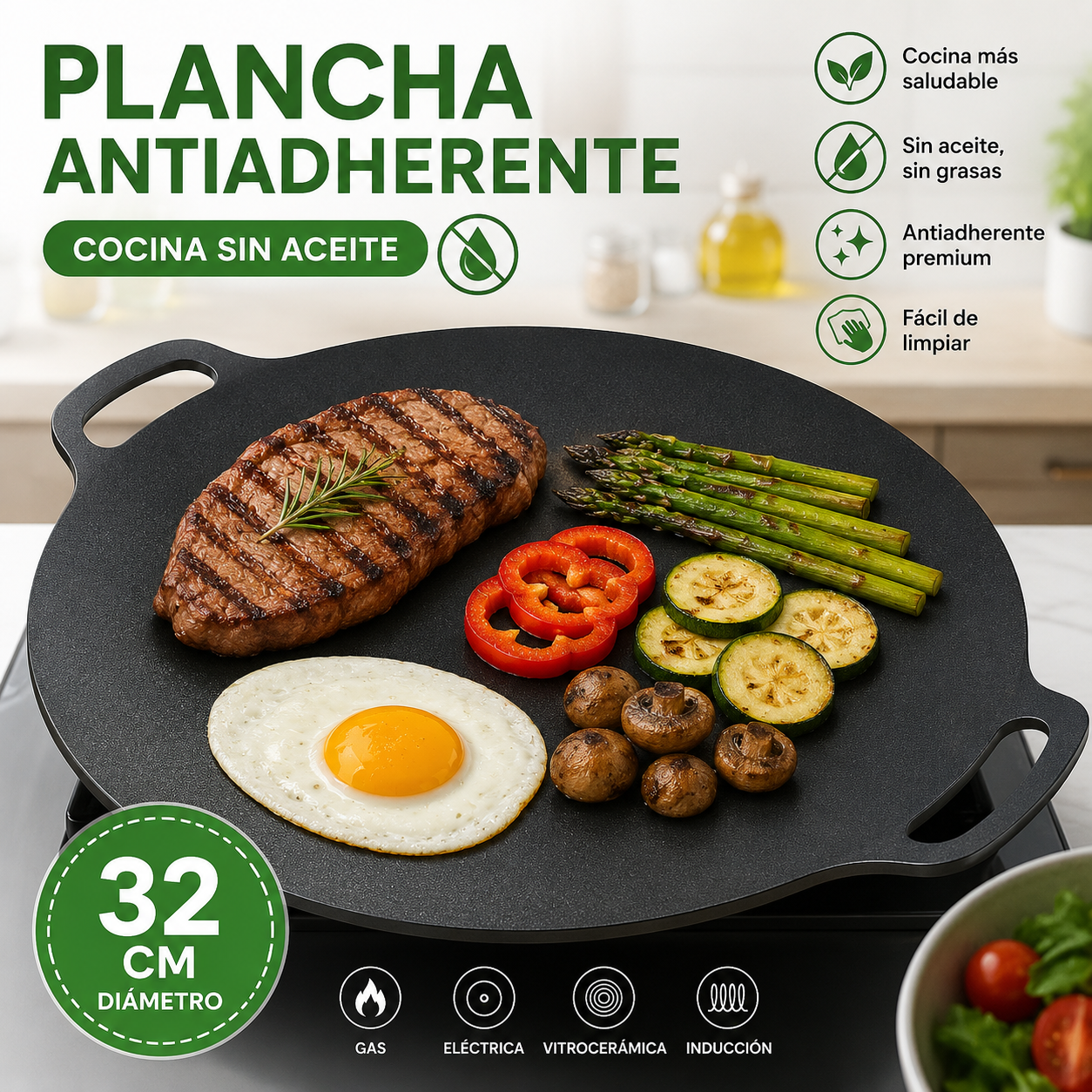 🔥 Plancha Budare Antiadherente 32 cm 🥩🥦 – Cocina sano, sin aceite y en minutos