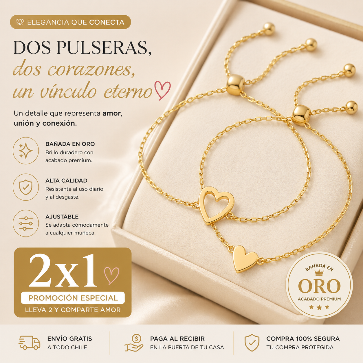 Pulsera de corazones bañada en oro (Promoción 2x1) - Un símbolo de amor y amistad