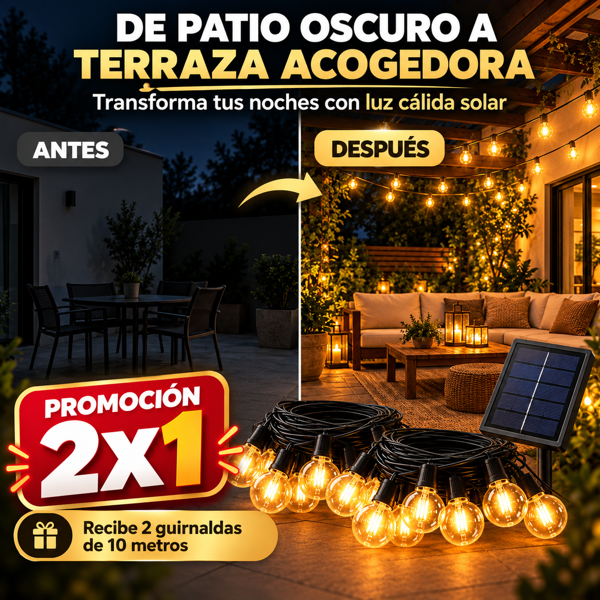 Guirnalda Solar LED 20 Metros™ | PROMOCIÓN 2X1 💡 ¡Ilumina tu Patio Sin Enchufes!