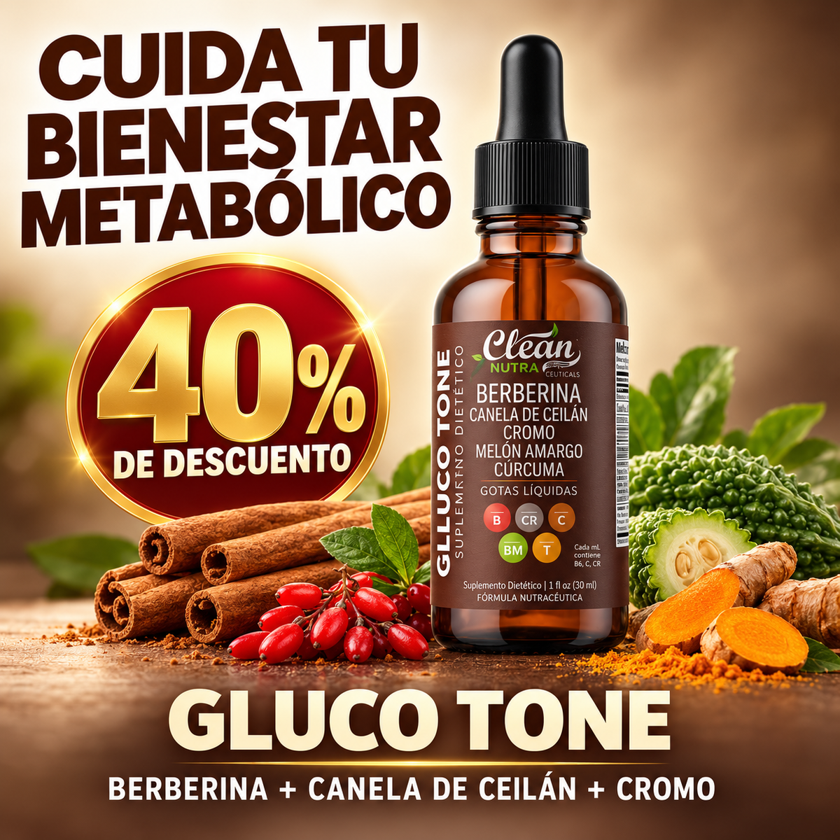 GLUCO TONE™ – Gotas de Berberina para el Equilibrio de la Glucosa | 40% OFF