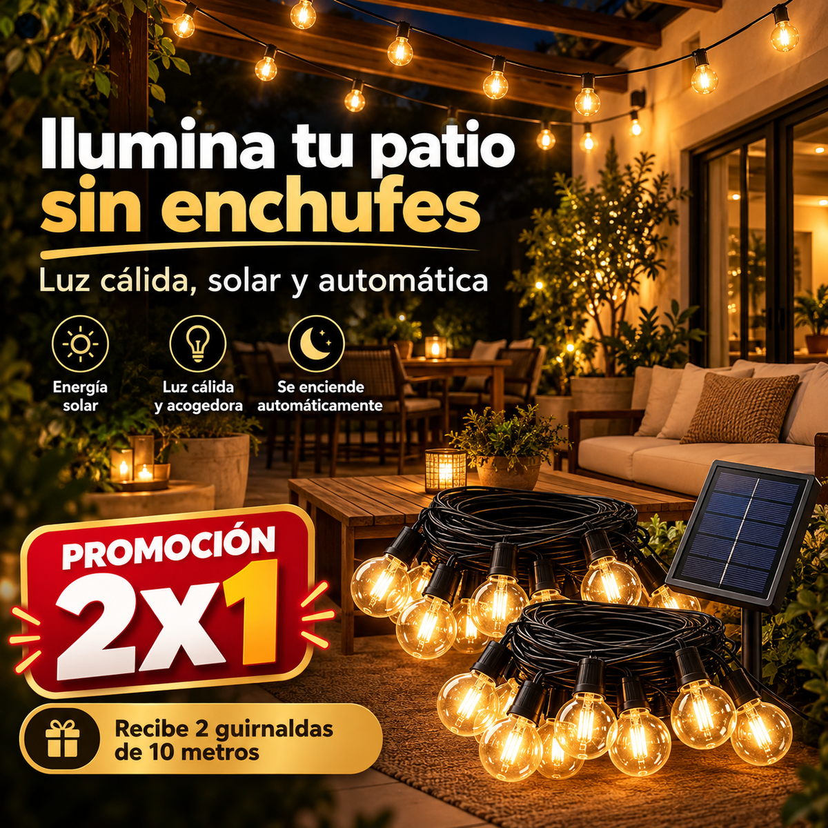Guirnalda Solar LED 20 Metros™ | PROMOCIÓN 2X1 💡 ¡Ilumina tu Patio Sin Enchufes!