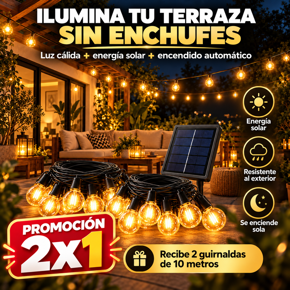 Guirnalda Solar LED 20 Metros™ | PROMOCIÓN 2X1 💡 ¡Ilumina tu Patio Sin Enchufes!