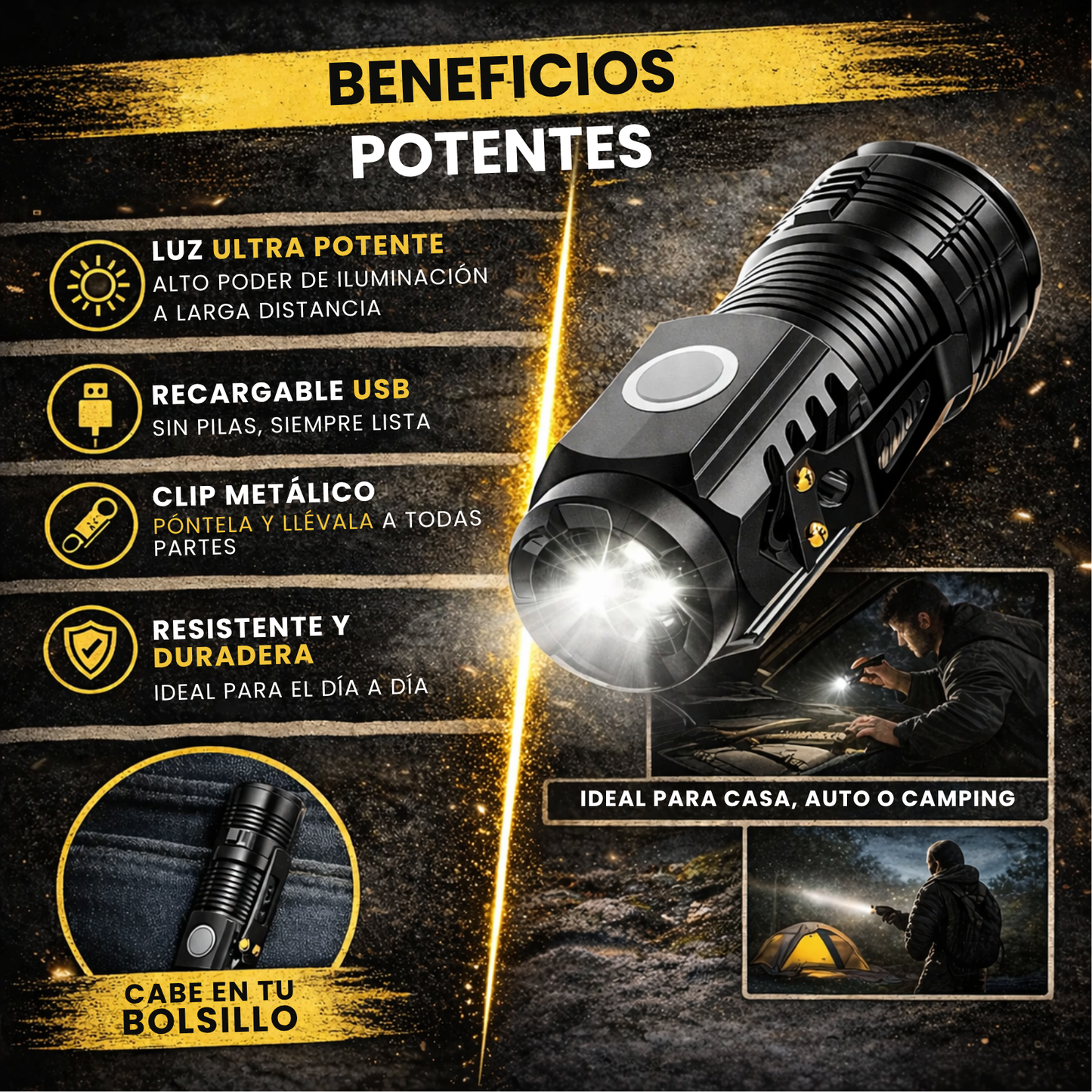 Mini linterna táctica 2x1 – Potencia extrema que cabe en tu bolsillo