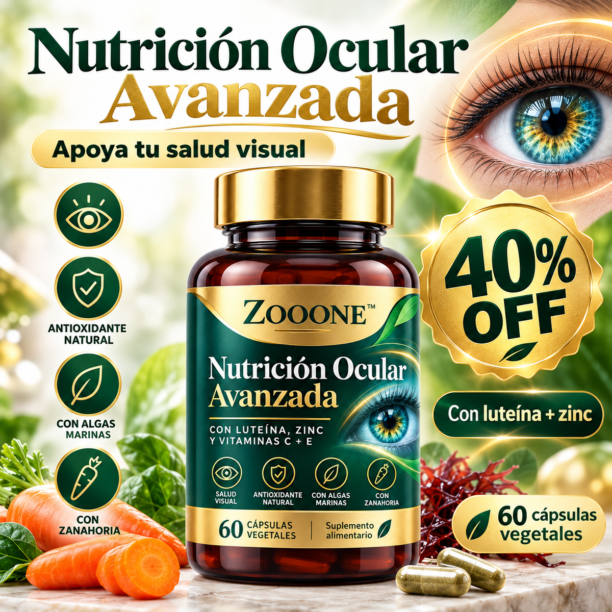 ZOOONE™ | Nutrición Ocular Avanzada – Cuida tu Visión con Luteína, Zinc y Antioxidantes | 40% OFF